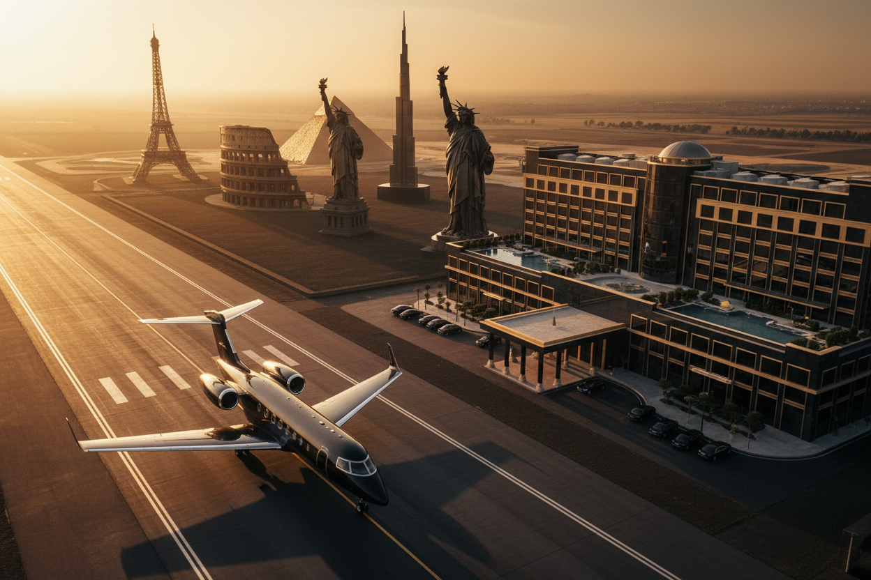 Luxury international travel with iconic world landmarks at golden hour