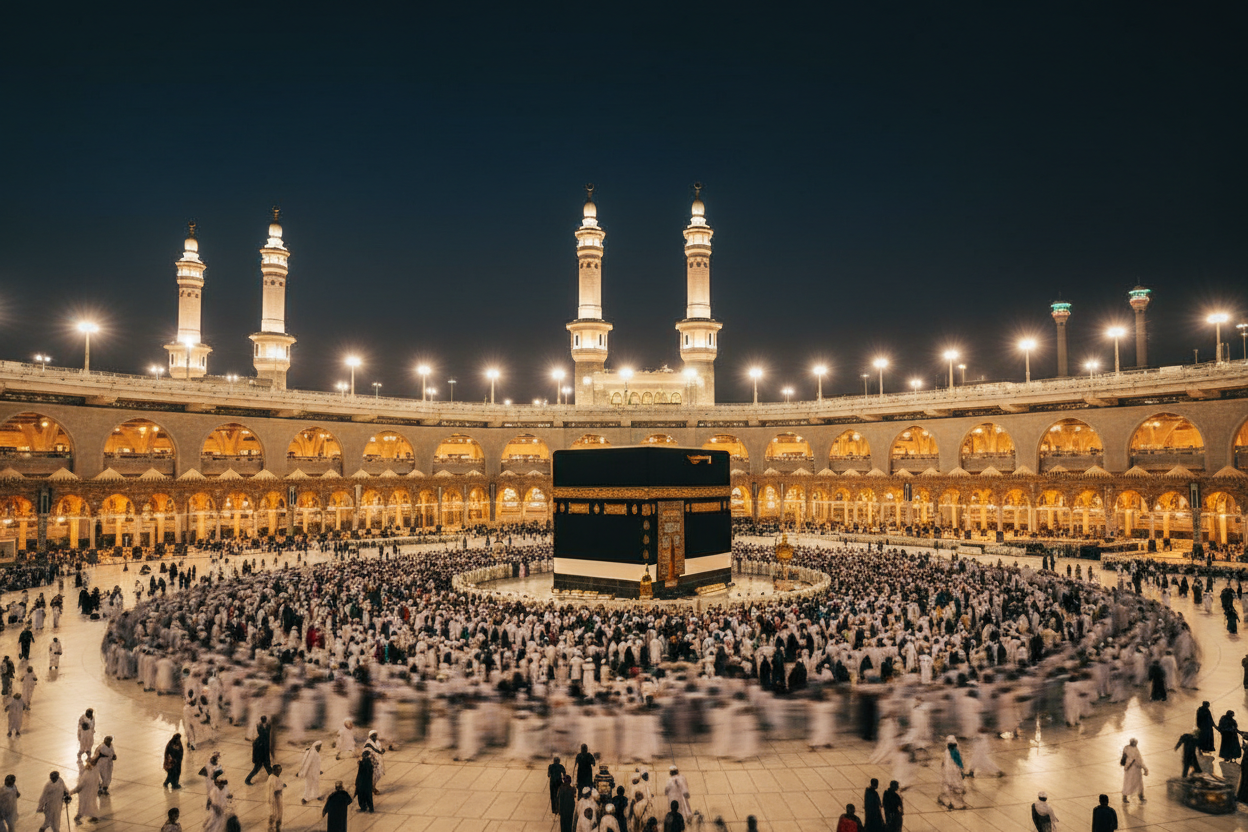 Masjid al-Haram in Mecca illuminated at night with pilgrims performing Tawaf