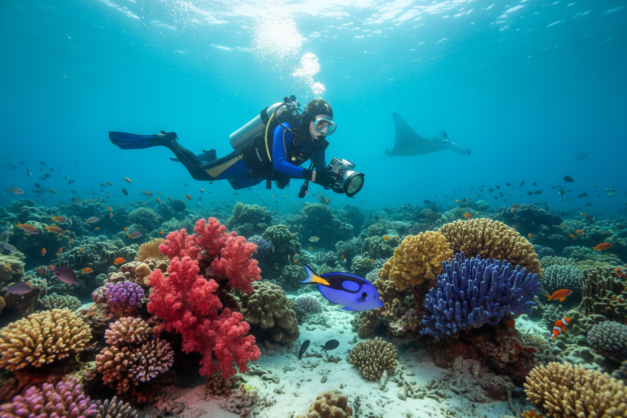 Crystal clear turquoise ocean with colorful coral reef and scuba diver