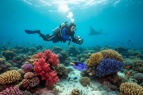 Crystal clear turquoise ocean with colorful coral reef and scuba diver