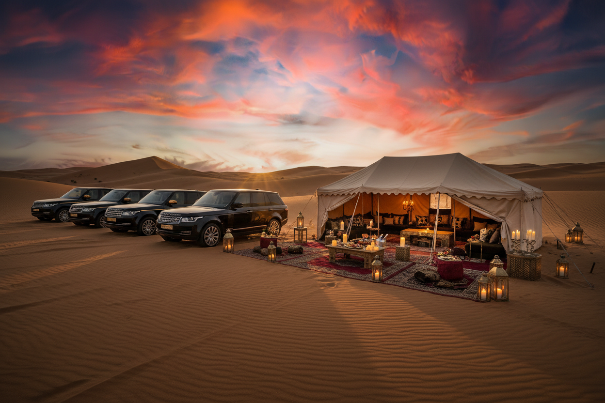 Luxury desert safari at sunset with golden sand dunes and glamping tents